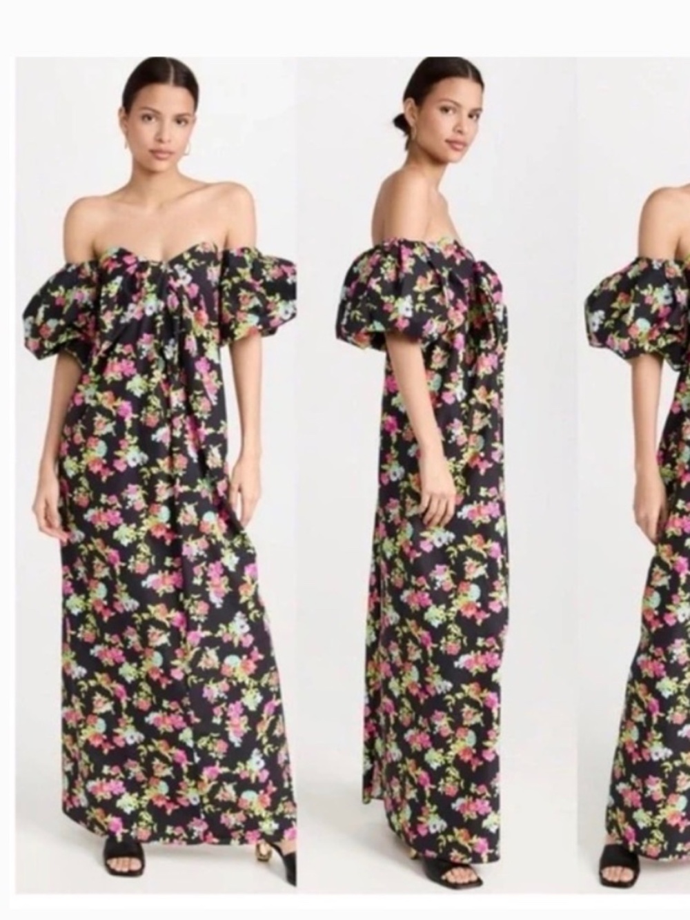 Caroline Constas Reyna Maxi Dress S Dark Floral Off Shoulder Puff Sleeve